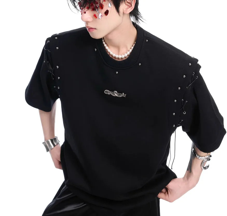 Black short sleeve women's T-shirt with lace-up cutout detailing on the sleeves.
