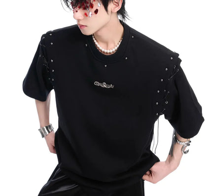 Black short sleeve women's T-shirt with lace-up cutout detailing on the sleeves.