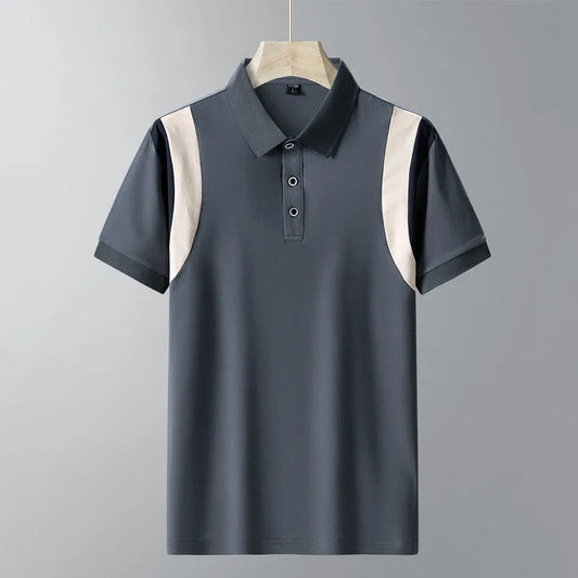 Men's striped cotton short-sleeved T-shirt with business lapel in loose fit, available in multiple colours and sizes.
