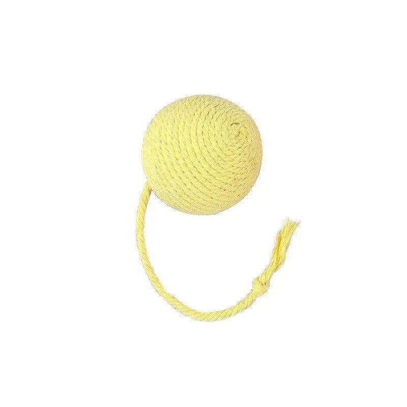 Interactive cat toy ball with bell and rope in green, pink, purple or yellow colours, shown in 3cm and 6cm sizes