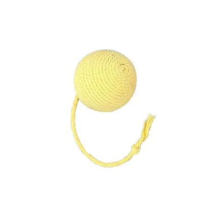 Interactive cat toy ball with bell and rope in green, pink, purple or yellow colours, shown in 3cm and 6cm sizes