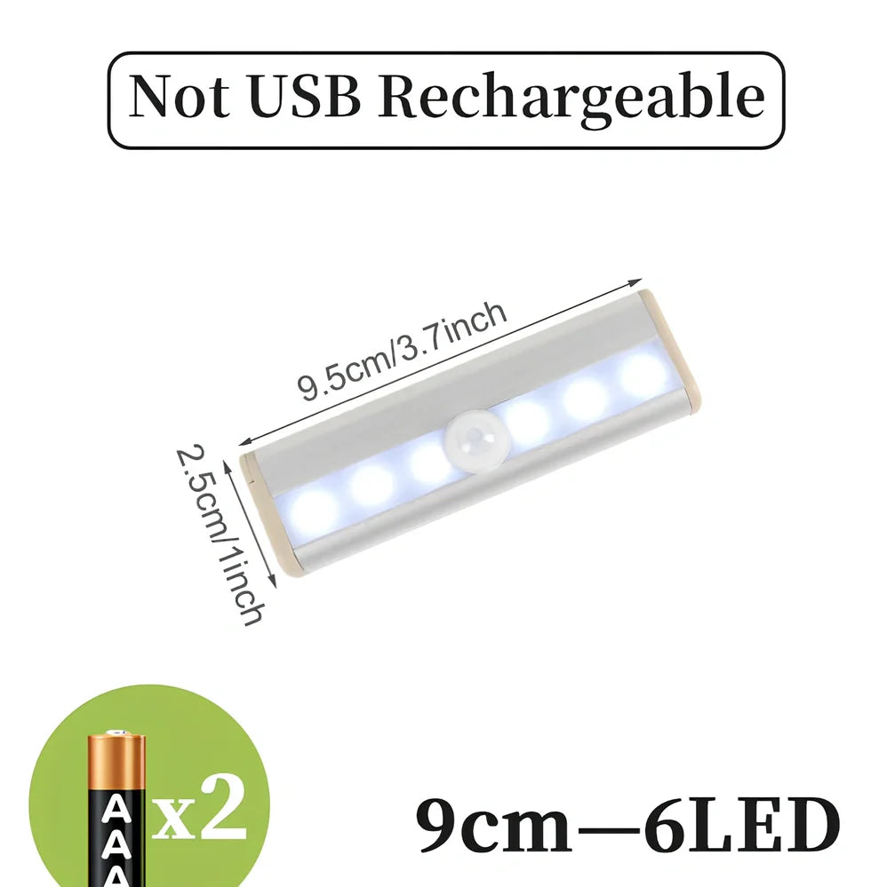 LED sensor light bar showing motion detection range and multiple size options from 9cm to 52cm