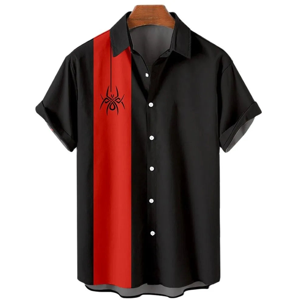 Man wearing a striped short-sleeve Hawaiian shirt with a button-up front in a casual setting.