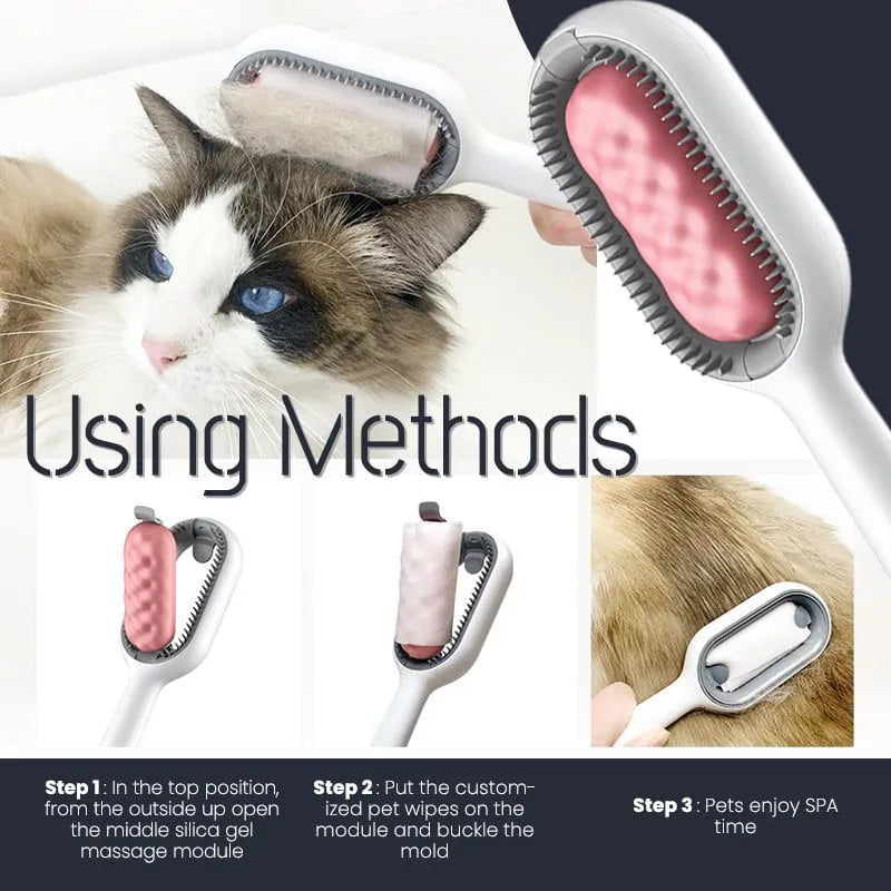 Green plastic pet hair removal comb with disposable wipes for cats and dogs