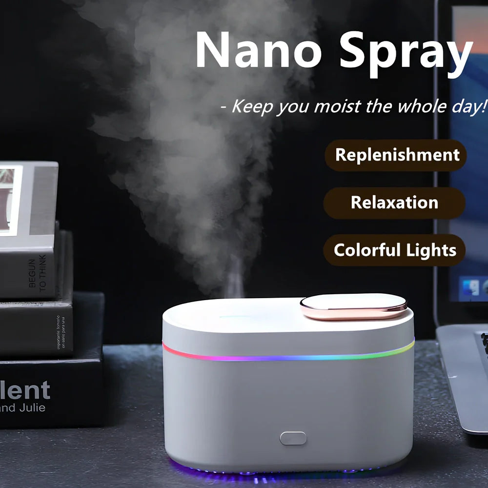 White ultrasonic aroma diffuser measuring 13.5x8x9cm with 200ml capacity and RGB lighting