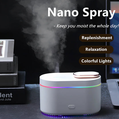 White ultrasonic aroma diffuser measuring 13.5x8x9cm with 200ml capacity and RGB lighting