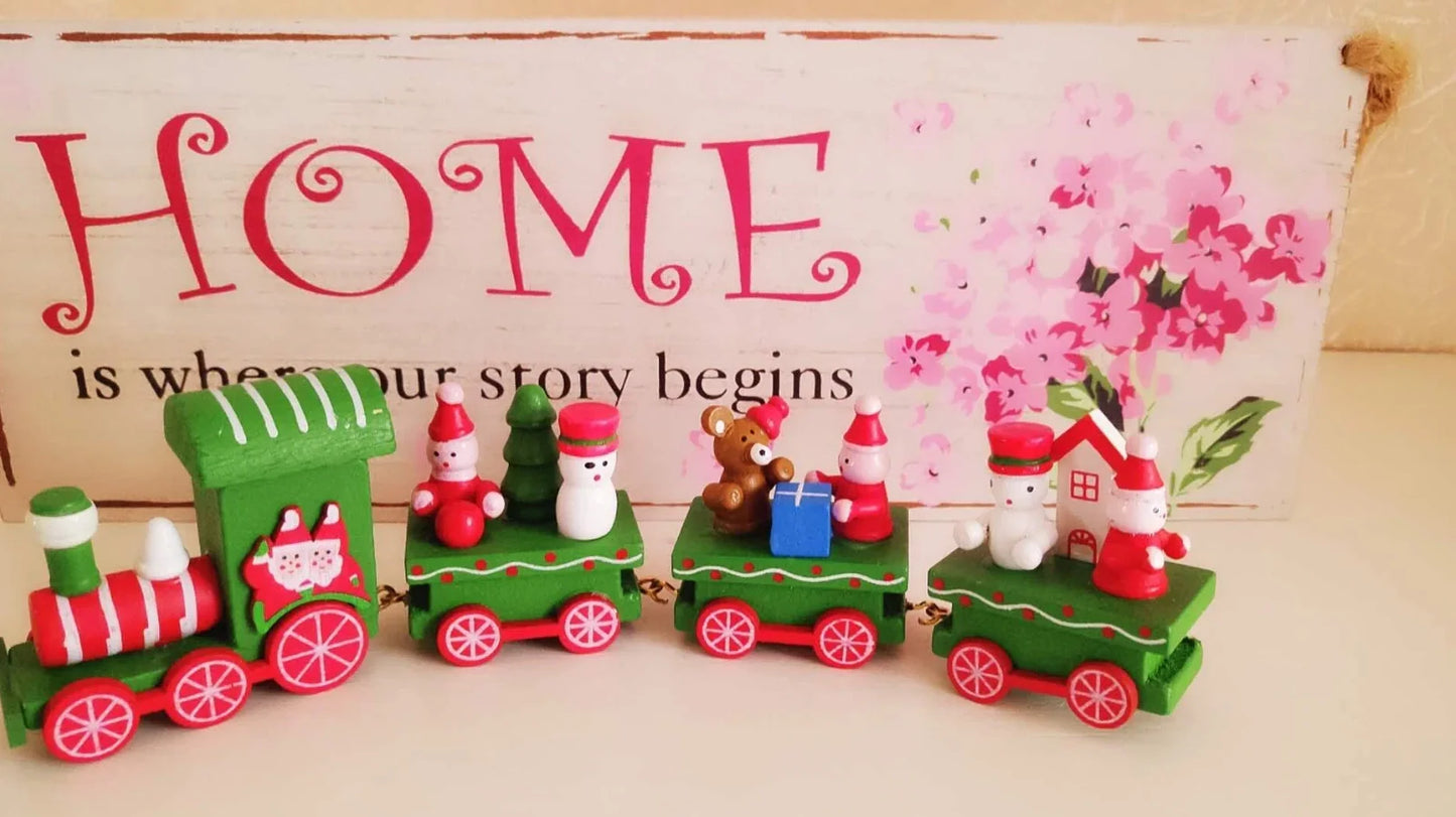 Christmas wooden train window decoration with manual craftsmanship and cartoon styling