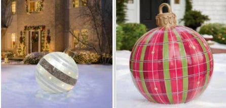 Vibrant, inflatable Christmas ornaments in various holiday designs for outdoor decoration