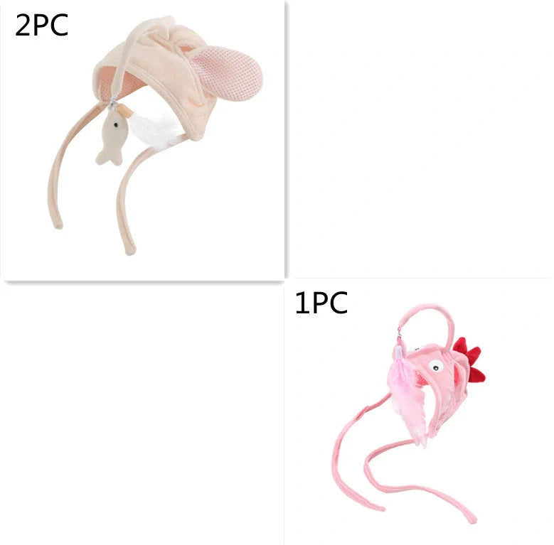 Adjustable head-wearing feather cat toy stick in various colors for indoor play
