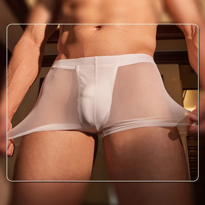 Men's black breathable ultra-thin boxer briefs with elastic waistband and supportive pouch design