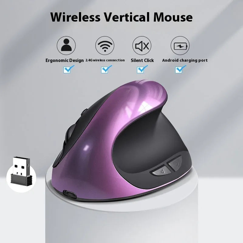 Ergonomic Vertical Wireless Mouse USB Vertical Mouse Rechargeable Mouse with Android Charging Port for Laptop Ergonomic PC Mouse Colour Options Include Rechargeable Black Blue Red Purple Gray