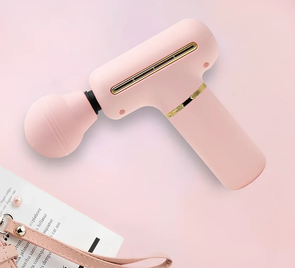 Green portable massage gun showing 20cm length with USB charging port and intensity controls