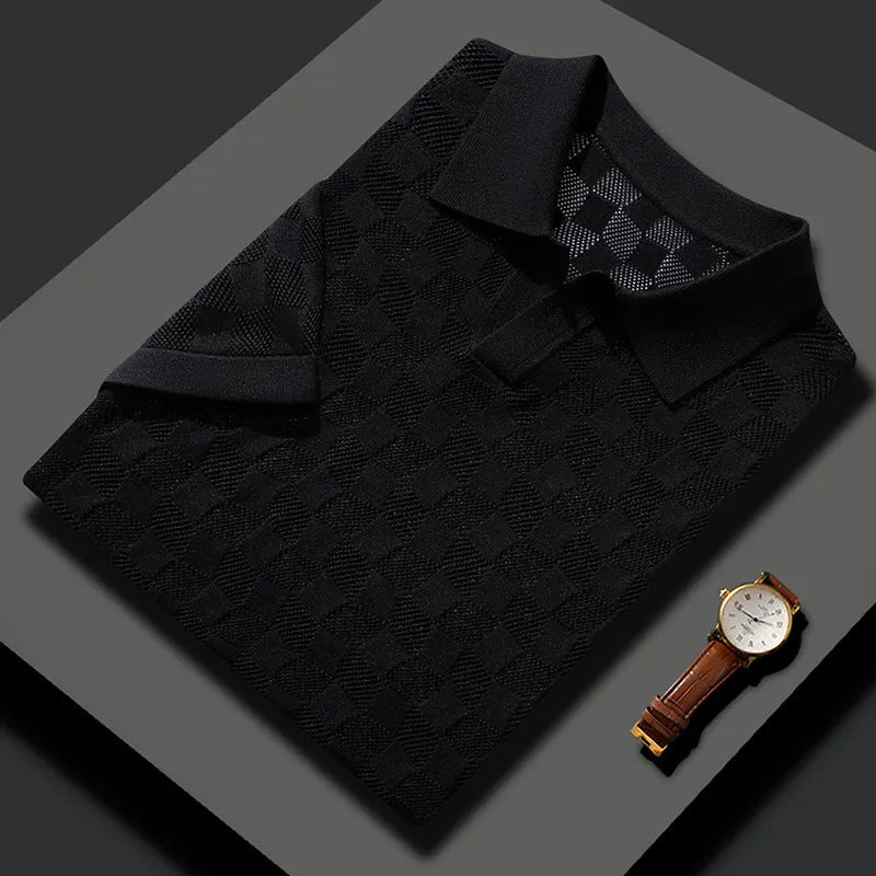 Men's short sleeve lapel sweater in mulberry silk jacquard fabric, solid colour.