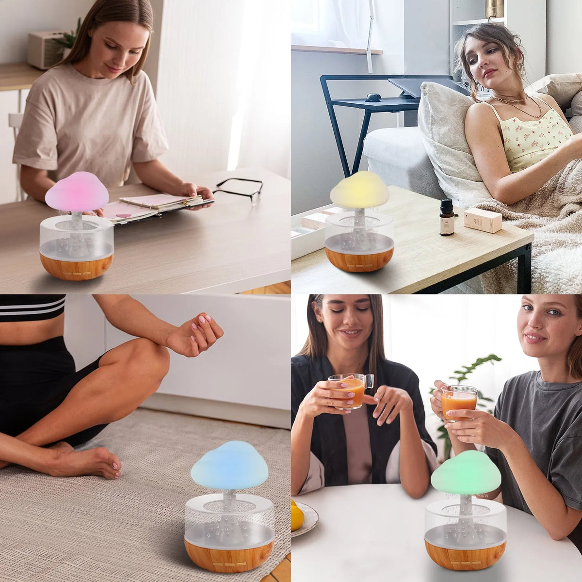 White cloud shaped humidifier with coloured lights, water flow effect and USB charging port