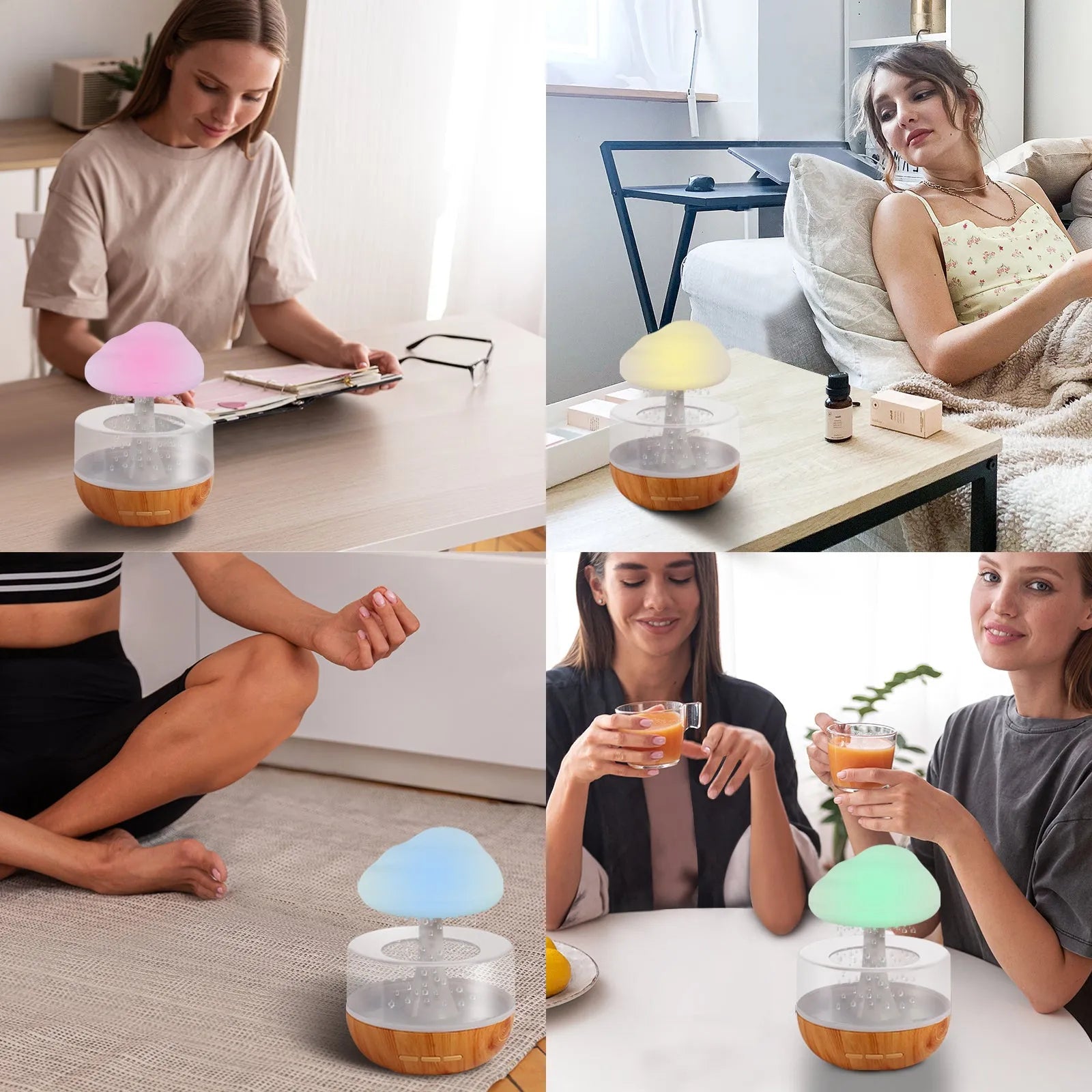 White cloud shaped humidifier with coloured lights, water flow effect and USB charging port