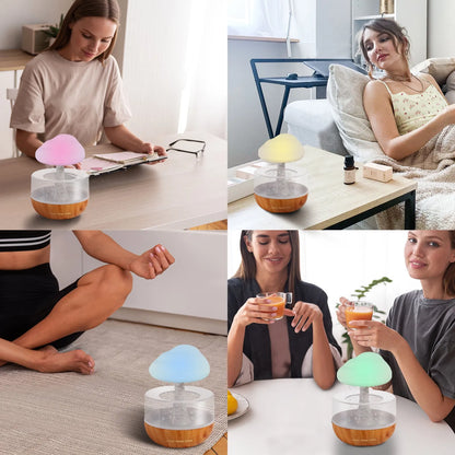 White cloud shaped humidifier with coloured lights, water flow effect and USB charging port