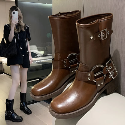British platform women's boots with belt buckle in black or brown colours, middle calf length