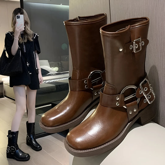 British platform women's boots with belt buckle in black or brown colours, middle calf length