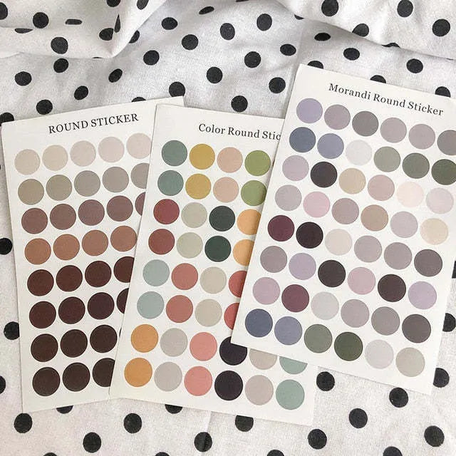 Sheet of 48 round Morandi colour polka dot stickers for marking planner pages.