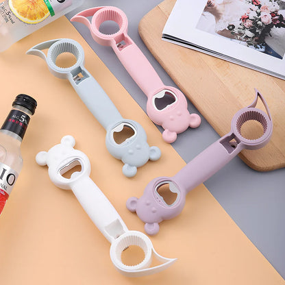 Bear-shaped 4-in-1 stainless steel bottle opener in gray blue, 21 cm long for jars cans and beers