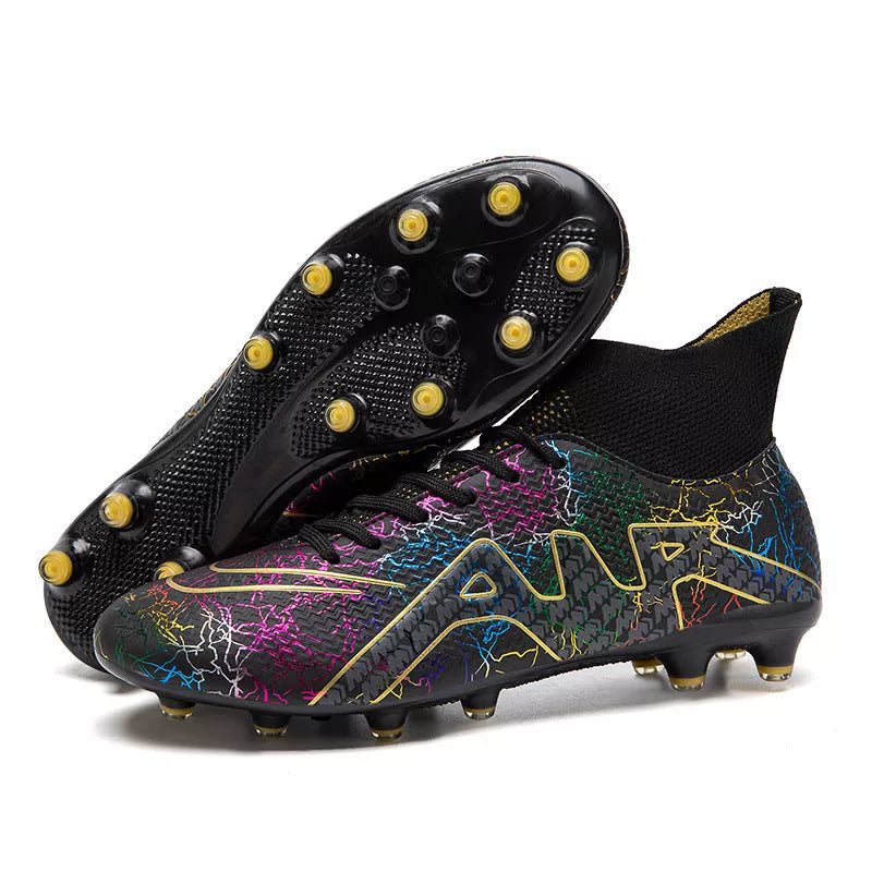 High-top Soccer Spike Special Shoes in black gold, white orange, and orange colors