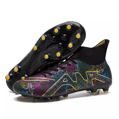 High-top Soccer Spike Special Shoes in black gold, white orange, and orange colors