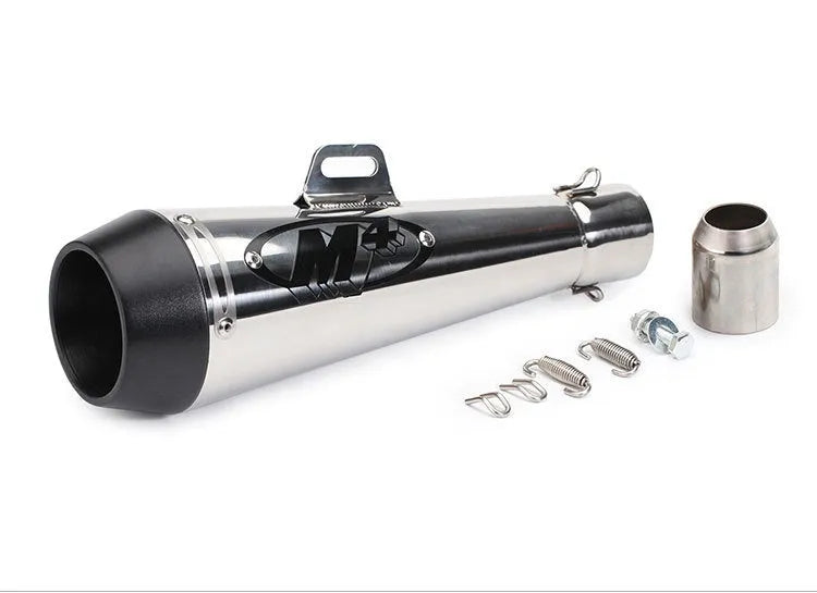 Universal M4 motorcycle exhaust pipe in various finishes including black, titanium, and half blue with back pressure options