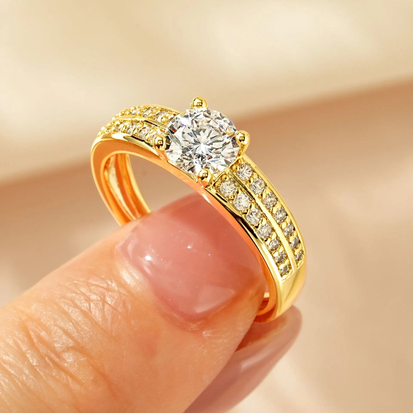 Women's geometric copper ring with electroplated finish and cubic zirconia stone in choice of six styles.