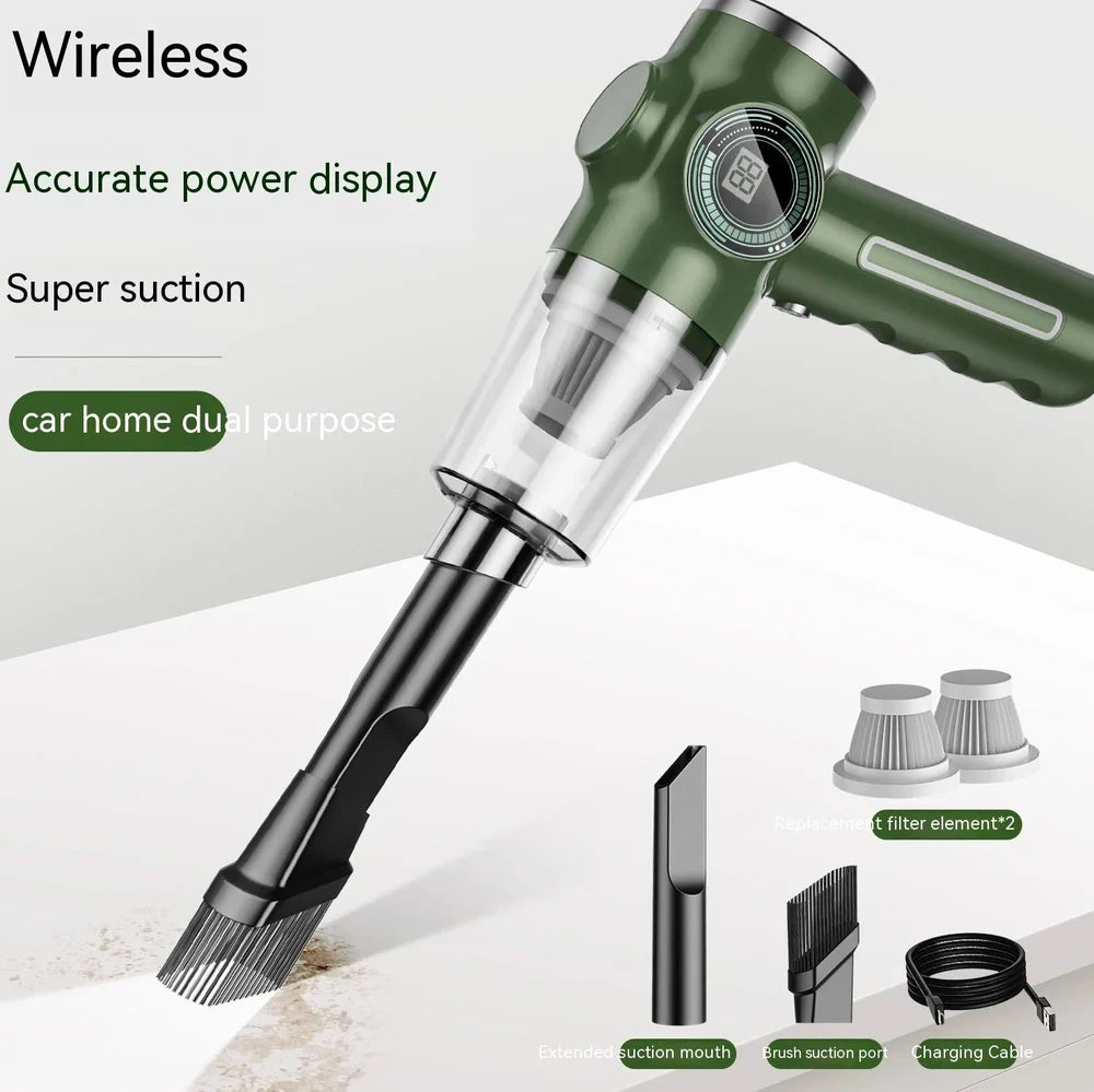 Black handheld vacuum cleaner with USB charging port measuring 25cm length for car and home dust removal