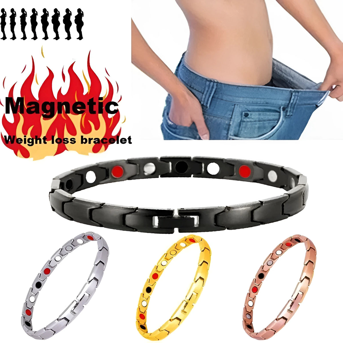 Metal rhombus therapy bracelet in black, bronze, gold, or silver, available as single or multi-pack for arthritis and slimming support.