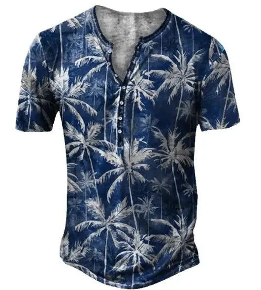 Men's grey 3D print pattern short sleeve polo shirt with lapel collar on a mannequin.
