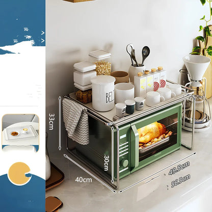 Korean style iron microwave shelf with plating finish and storage tray for kitchen organisation