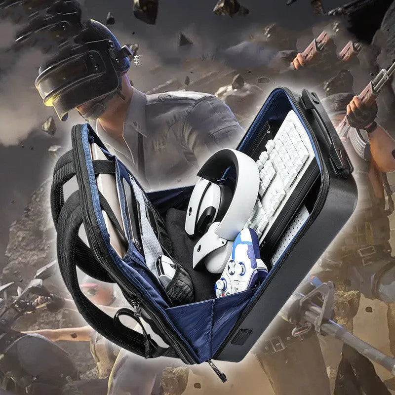 Men's hard shell gaming backpack in black or silver with anti-theft lock, 20-35L capacity, and PC material