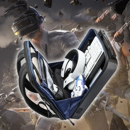Men's hard shell gaming backpack in black or silver with anti-theft lock, 20-35L capacity, and PC material