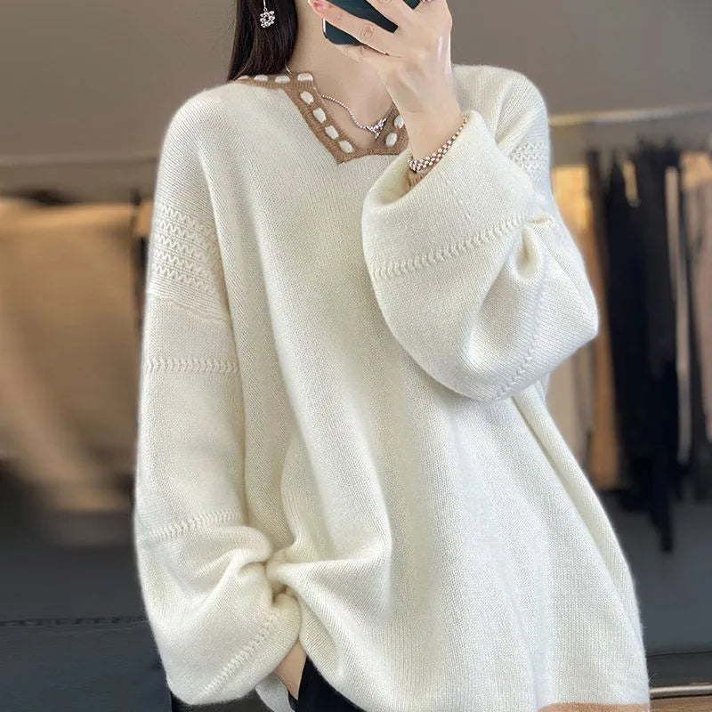Women's V-neck pullover sweater in camel or white with long sleeves, sizes S to 3XL