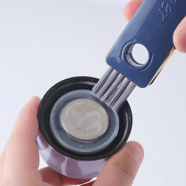 Blue and grey 4-in-1 multifunctional bottle and cup cleaning brush set with silicone, wire, and bristle heads.