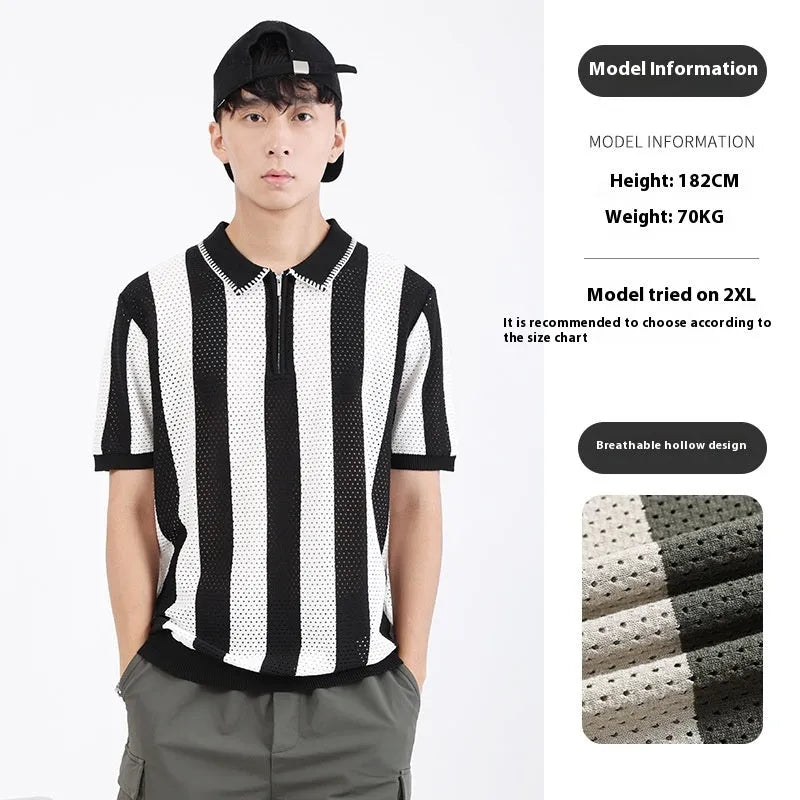 Men's short sleeve ice silk sweater with zipper decoration in striped pattern, available in multiple colours and sizes