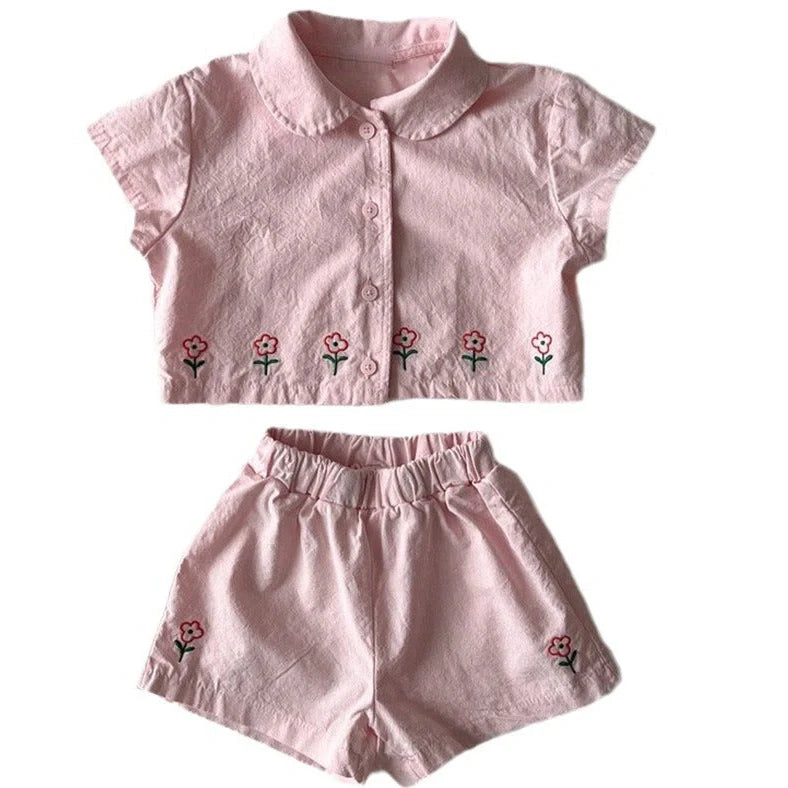 Children's floral shorts set in pink with short sleeves and matching shorts