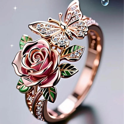 Adjustable butterfly ring with dripping oil colour treatment showing floral and insect motifs in fairy style design