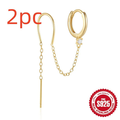 S925 sterling silver geometric ear clip stud earrings with flower and tassel elements in golden colour