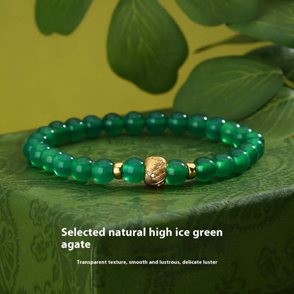 Green agate 6mm beaded bracelet with S925 sterling silver and yellow gold electroplated retro geometric design.