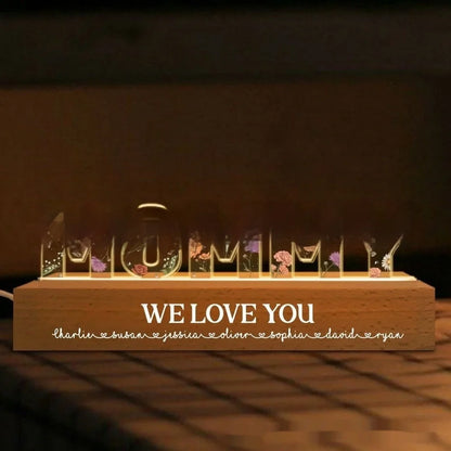 Custom flower printed LED night light with personalised text on acrylic surface in three size options