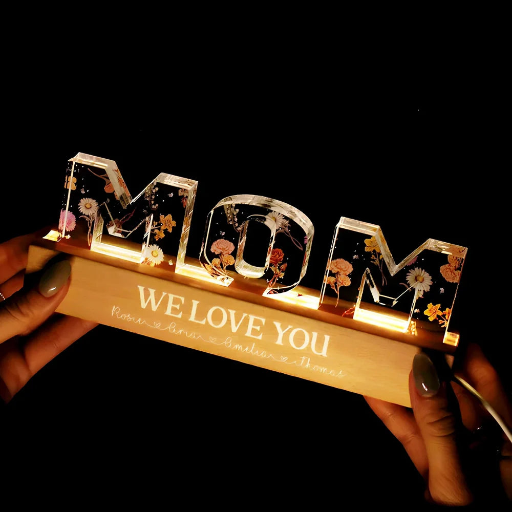 Custom flower printed LED night light with personalised text on acrylic surface in three size options
