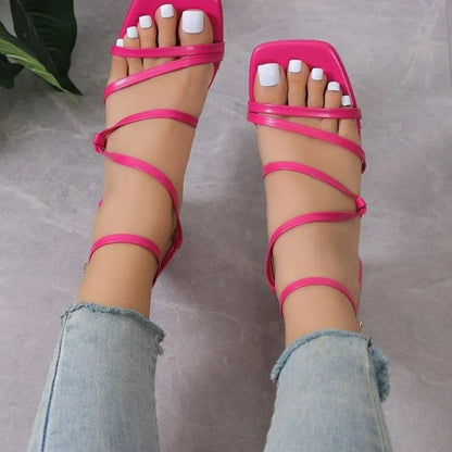 Plus size women's square toe slippers with an ankle buckle in rose red, black, and beige colour options.