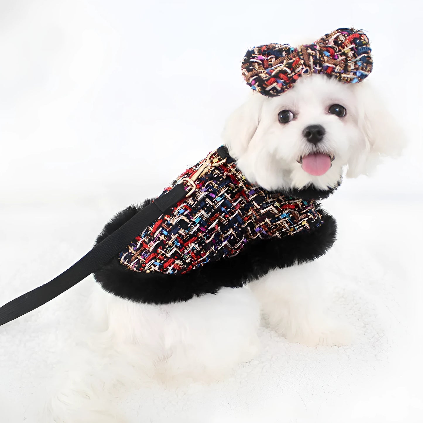 Classic style dog lead with cloth cloak, shown in beret, bow, and plain cloak options.