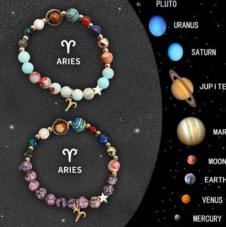 Twelve Zodiac Sign natural stone beaded bracelets with adjustable 20-24cm length showing distinct astrological designs