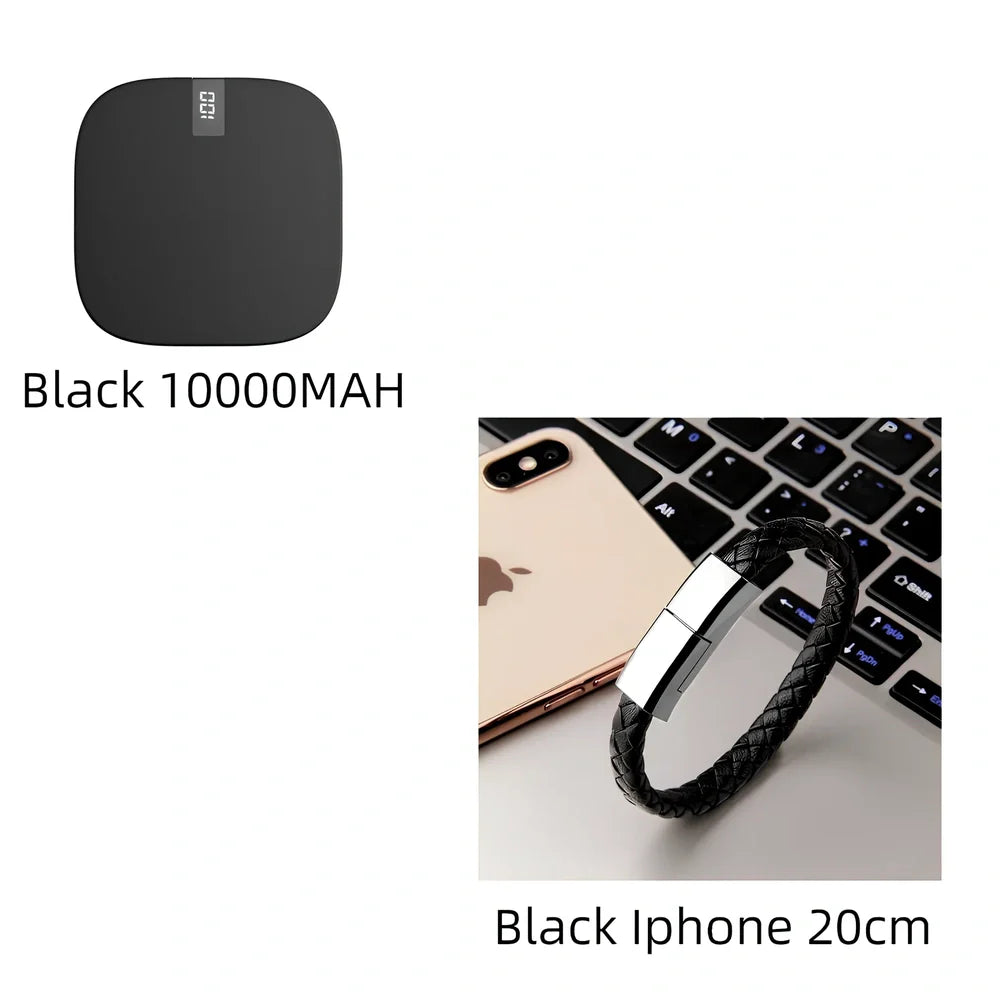 Red 10000 mAh mini power bank with digital display showing battery percentage, measuring 90x64x24mm