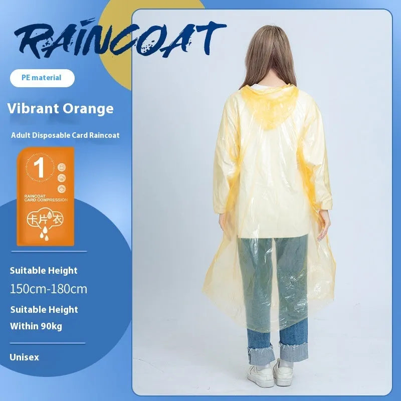 Disposable full body card raincoat in purple colour showing folded portable format