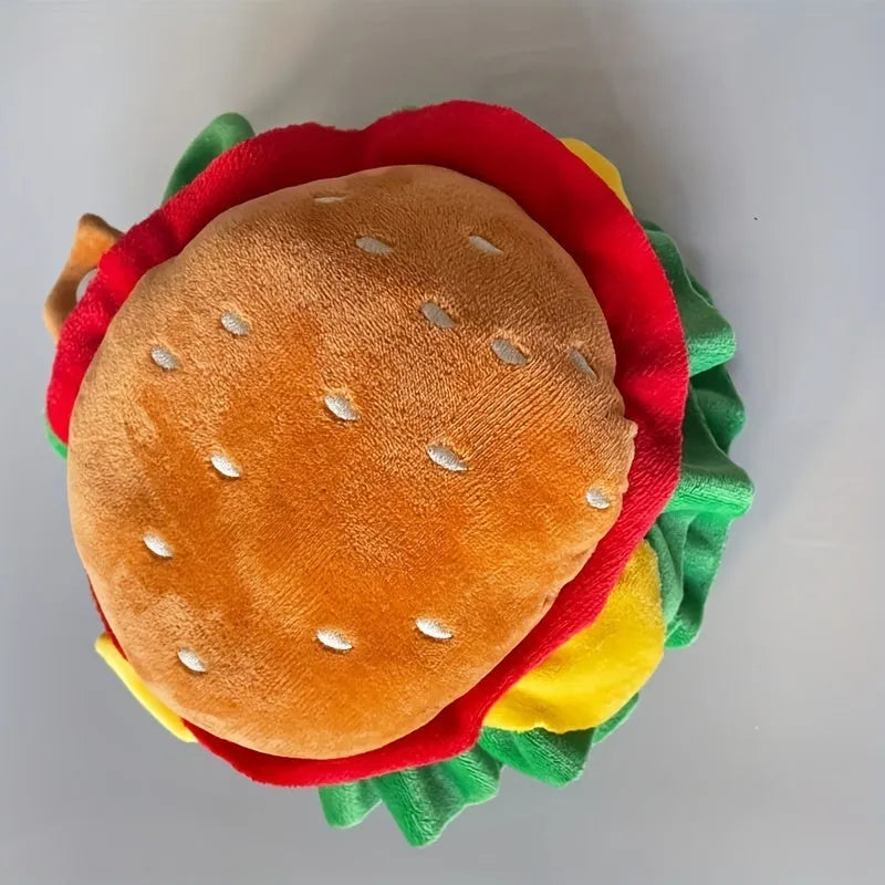 Burgerthemed fabric cat headdress collar with adjustable strap in yellow cheese, lettuce, patty, and tomato design