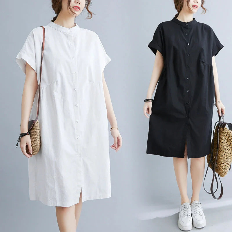 Literary Loose Plain Cotton and Linen Stand Collar Short Sleeves Dress in black and white